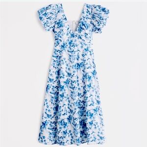 Abercrombie Puff Sleeve Plunge Midi Dress NWT XL Emerson Smock Blue White Floral